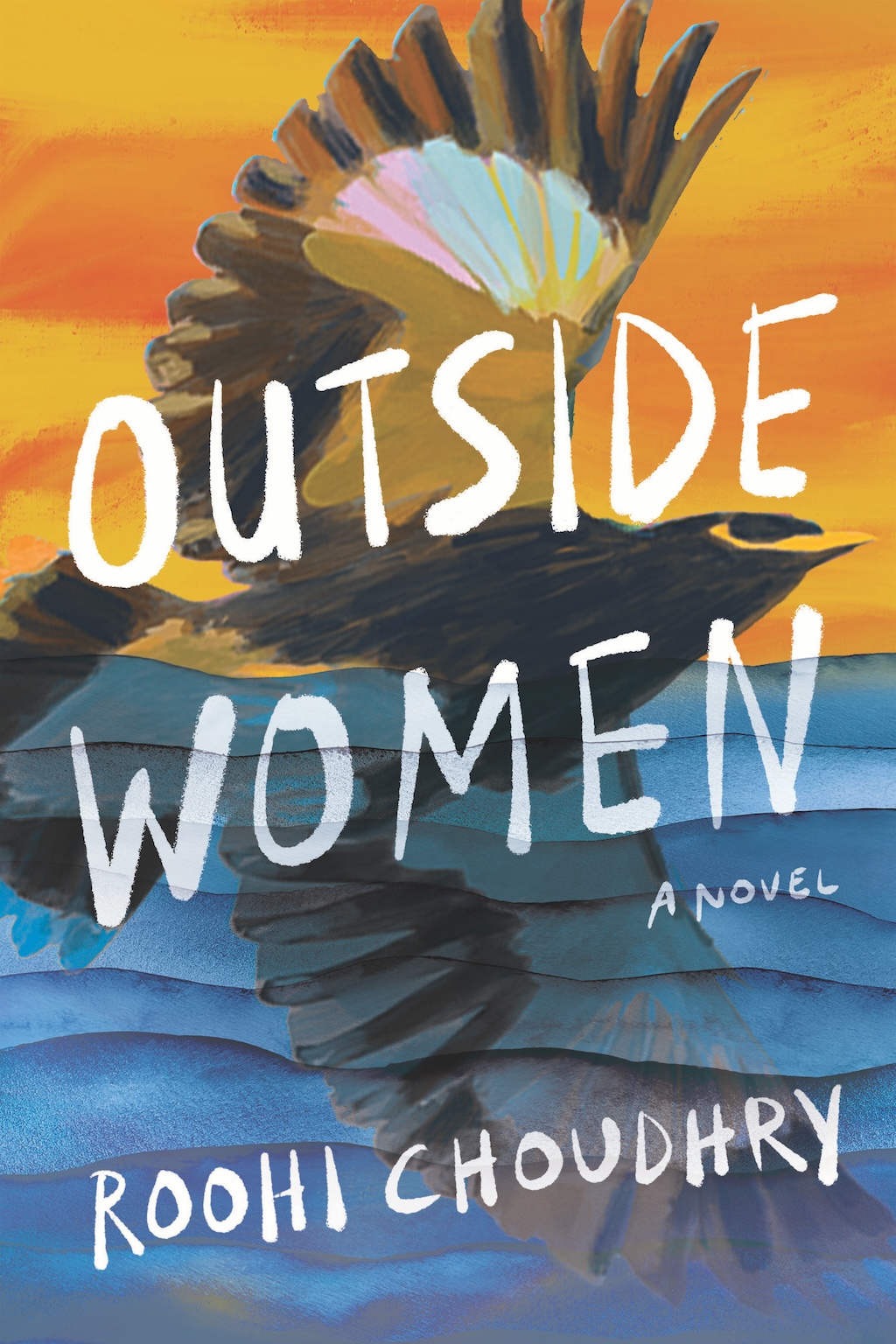 book cover showing mynah rising from an ocean with sunset